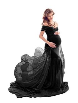 ZIUMUDY Maternity Off Shoulder Mermaid Chiffon Gown Maxi Photography Dress Baby Shower Photo Props Dress