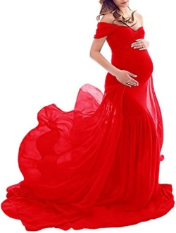 ZIUMUDY Maternity Off Shoulder Mermaid Chiffon Gown Maxi Photography Dress Baby Shower Photo Props Dress
