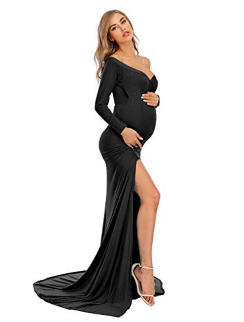 ZIUMUDY Elegant Fitted Maternity Gown Side Split Off Shoulder Long Sleeve Maxi Photography Dress Baby Shower