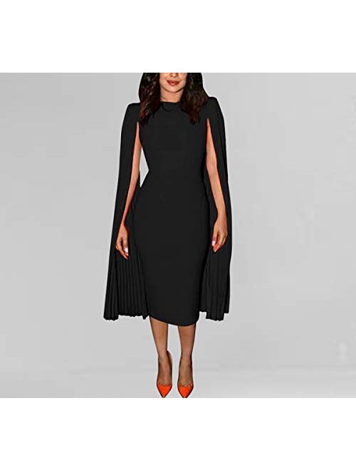 jumpjisper Women's Pleated Shoulder Cloak Evening Dress BodyconCocktail Business Party Dress