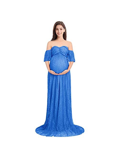 Women Off Shoulder Ruffle Sleeve Floral Lace Maternity Gown Fit Maxi Pregnancy Photography Dress for Baby Shower Photoshoot