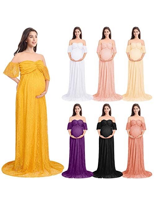 Women Off Shoulder Ruffle Sleeve Floral Lace Maternity Gown Fit Maxi Pregnancy Photography Dress for Baby Shower Photoshoot