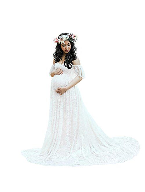 Gyoume Women Maternity Dress Pregnancy Photography Dress Off Shoulder Lace Long Maxi Dress