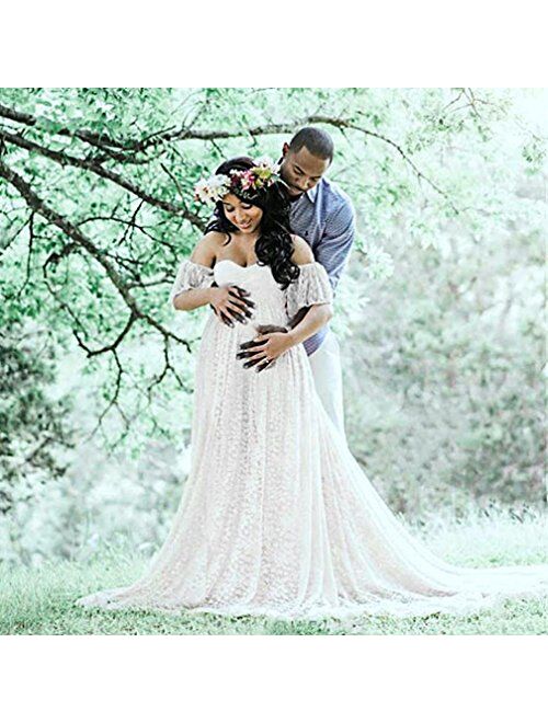 Gyoume Women Maternity Dress Pregnancy Photography Dress Off Shoulder Lace Long Maxi Dress