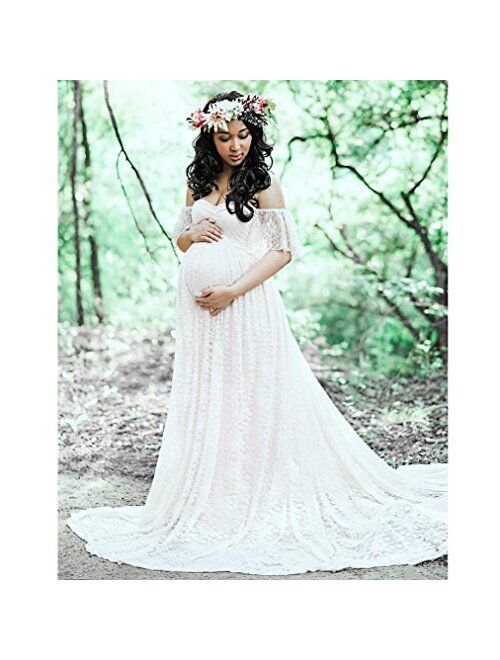 Gyoume Women Maternity Dress Pregnancy Photography Dress Off Shoulder Lace Long Maxi Dress