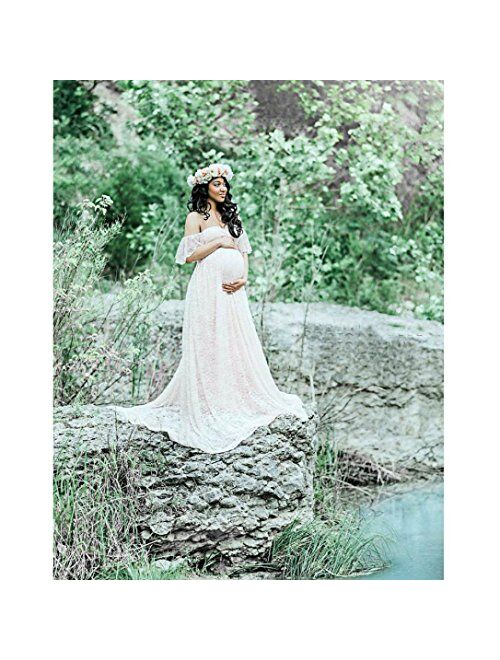 Gyoume Women Maternity Dress Pregnancy Photography Dress Off Shoulder Lace Long Maxi Dress