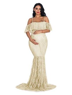 ZIUMUDY Fitted Lace Maternity Gown Ruffle Sleeve Mermaid Off Shoulder Photography Dress Baby Shower