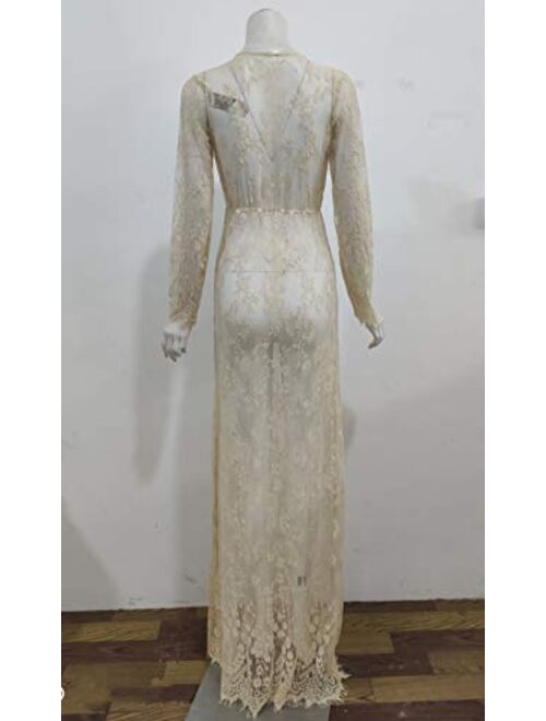 ZIUMUDY Sexy Deep V-Neck Long Sleeve Lace Beach See-Through Maternity Maxi Dress