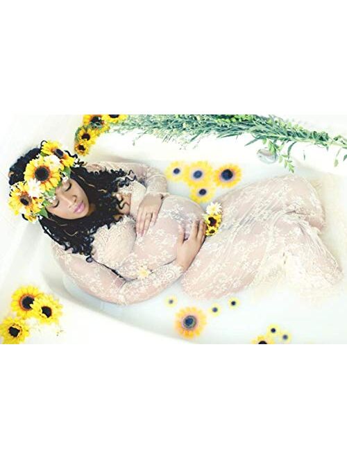 ZIUMUDY Sexy Deep V-Neck Long Sleeve Lace Beach See-Through Maternity Maxi Dress