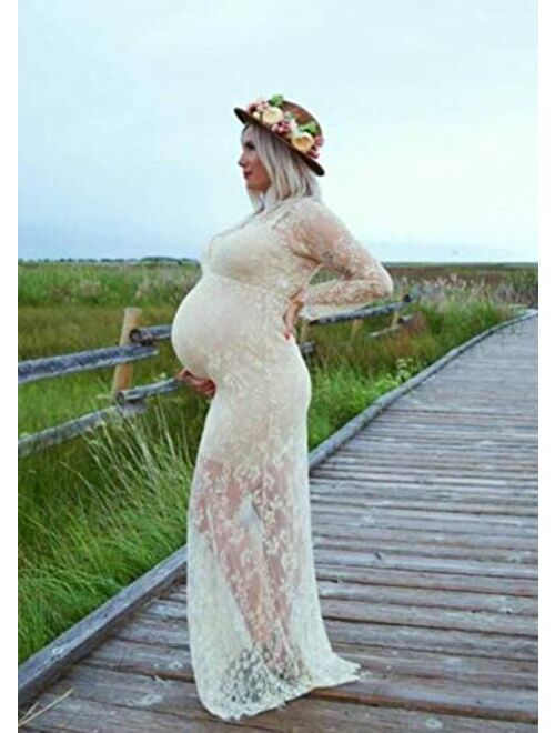 ZIUMUDY Sexy Deep V-Neck Long Sleeve Lace Beach See-Through Maternity Maxi Dress