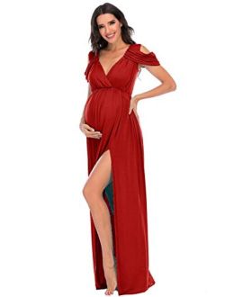 ZIUMUDY Maternity Off Shoulder V Neck Wraped Photography Photoshoot Dress Maxi Baby Shower Dress