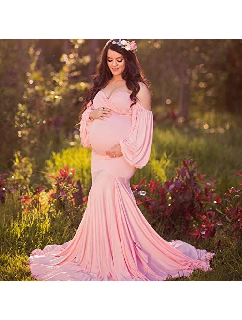 APING Women Maternity Dress for Photography Slim Pregnancy Clothes Shooting Photo Off Shoulder Pregnant Dresses Puff Sleeve