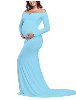 OQC Women's Elegant Fitted Maternity Gown Cross V Neck Ruched Long Sleeve Maxi Photography Dress