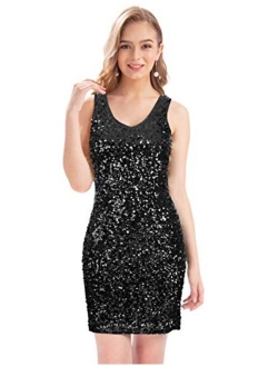 MANER Women's V Neck Gradient Sequin Dress Sparkle Glitter Bodycon Club Party Tank Dresses