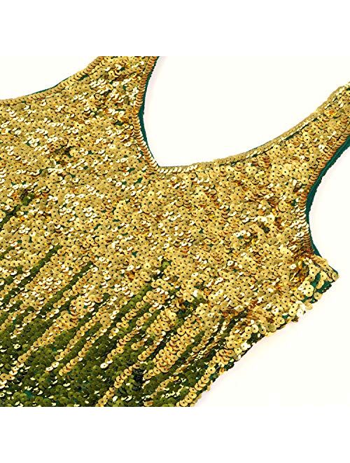 MANER Women's V Neck Gradient Sequin Dress Sparkle Glitter Bodycon Club Party Tank Dresses
