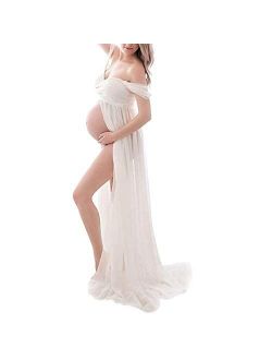 Maternity Chiffon Off Shoulder Gown Front Split Maxi Photoshoot Photography Dress
