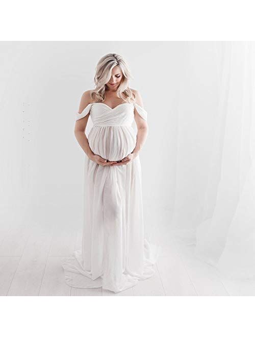 Maternity Chiffon Off Shoulder Gown Front Split Maxi Photoshoot Photography Dress
