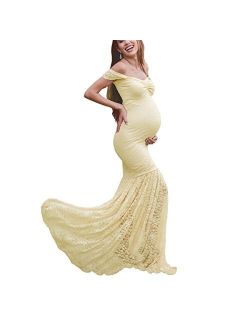 Women's Off Shoulder Ruffle Sleeves Lace Mermaid Maternity Slim Fit Gown Maxi Bridesmaid Photography Dress