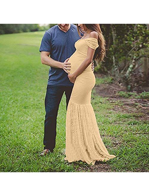 Women's Off Shoulder Ruffle Sleeves Lace Mermaid Maternity Slim Fit Gown Maxi Bridesmaid Photography Dress