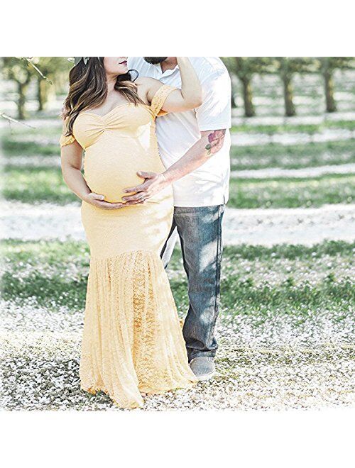 Women's Off Shoulder Ruffle Sleeves Lace Mermaid Maternity Slim Fit Gown Maxi Bridesmaid Photography Dress