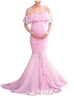 VSNOW Maternity Off Shoulder Strappy Ruffle Maxi Photography Dress Elegant Fitted Mermaid Gown for Photoshoot Baby Shower