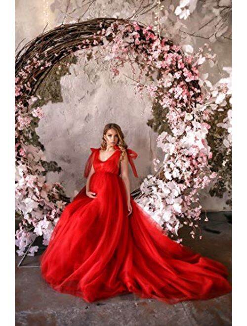 Mira maternity tulle dress with train in red - Pregnancy baby shower tulle dress
