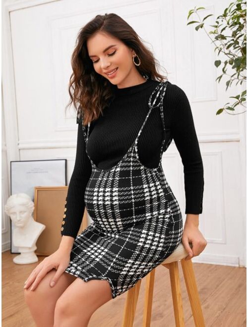 SHEIN Maternity Plaid Self-Tie Cami Overall Dress