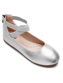 Trary Little Girls Ballet Flats Roman Slip-on Shoes with Elastic Ankle Strap