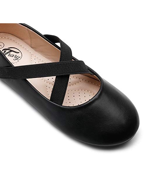 Trary Little Girls Ballet Flats Roman Slip-on Shoes with Elastic Ankle Strap
