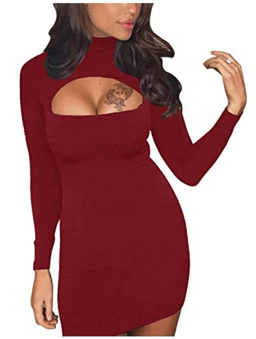 Haola Women's Long Sleeve Cut Out Front Sexy Club Bodycon Dress Party Mini Bandage Dress