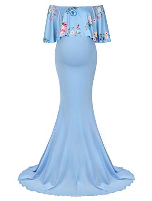 Molliya Maternity Long Dress Ruffles Lace Off Shoulder Stretchy Maxi Photography Dress