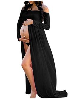 VSNOW Chiffon Maternity Off Shoulder Front Split Gown Long Sleeve Maxi Photography Dress for Photo Shoot