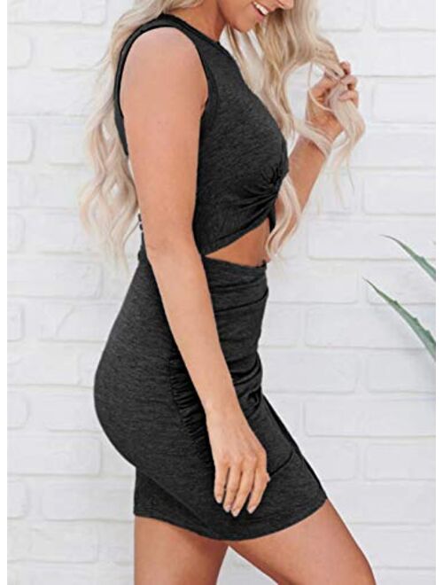 LOSRLY Womens Solid Bodycon Dresses Hollow Out Twist Wrap Slim Fit Elegant Party Evening Wedding