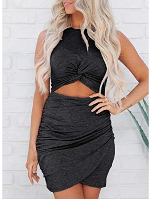 LOSRLY Womens Solid Bodycon Dresses Hollow Out Twist Wrap Slim Fit Elegant Party Evening Wedding