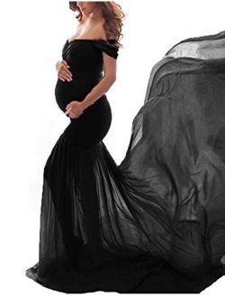 OJQ Maternity Off Shoulder Chiffon Gown for Photoshoot Maxi Photography Dress for Photo Props Dress