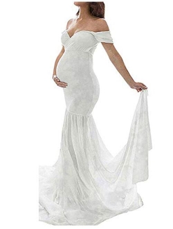 OJQ Maternity Off Shoulder Chiffon Gown for Photoshoot Maxi Photography Dress for Photo Props Dress