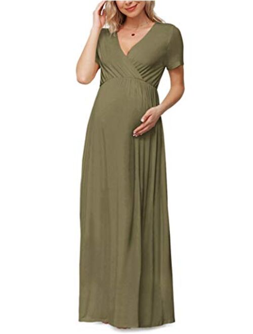 Xpenyo Women's Casual Maternity Maxi Dress V Wrap Baby Shower Pregnancy Dresses