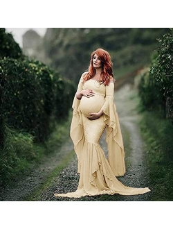 Off Shoulder Flare Long Sleeve Chiffon Maternity Gown for Photoshoot