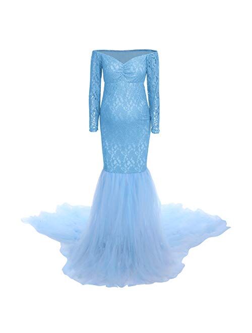 OLEMEK Women Off Shoulder Mermaid Tulle Maternity Dress Long Sleeve Floral Lace Baby Shower Slim Fit Photography Photo Prop Dress