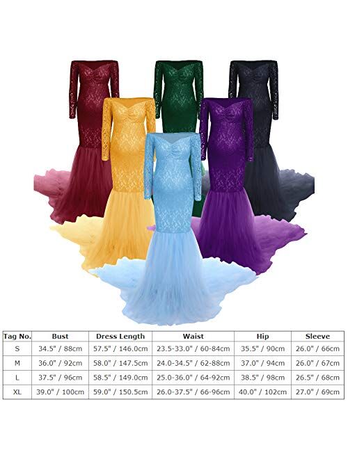 OLEMEK Women Off Shoulder Mermaid Tulle Maternity Dress Long Sleeve Floral Lace Baby Shower Slim Fit Photography Photo Prop Dress