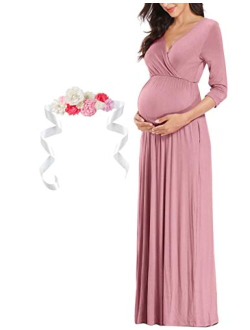KIM S Maternity Maxi Dress with Flower Sash, Wrapped Ruched V Neck Photoshoot Dress with Pocket