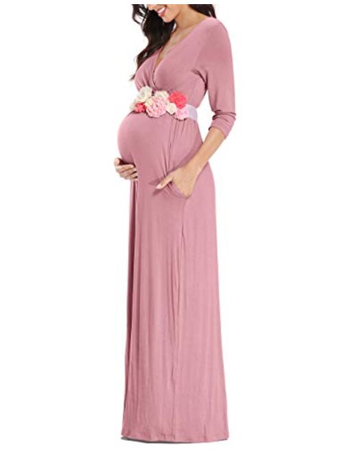 KIM S Maternity Maxi Dress with Flower Sash, Wrapped Ruched V Neck Photoshoot Dress with Pocket