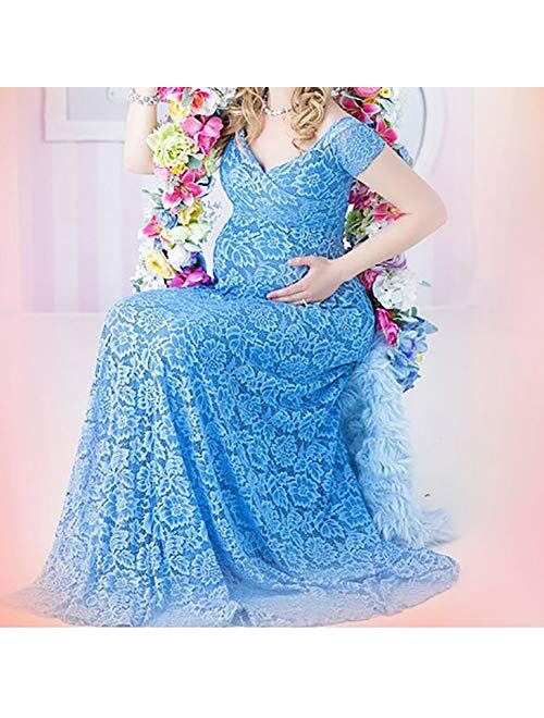 Elegant Lace Maternity Dress Off Shoulder Short Sleeve Photography High Waist Slim Fit V Neck Floor Length Maxi Dress