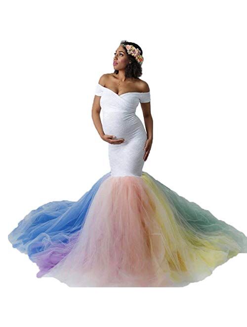 MYRISAM Pregnant Women White Lace Rainbow Tulle Maternity Dress Off-Shoulder Sweetheart Mermaid Photo Shoot Gown w/Train