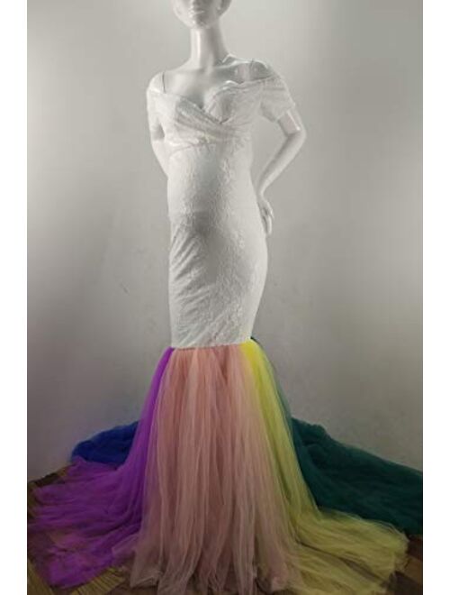 MYRISAM Pregnant Women White Lace Rainbow Tulle Maternity Dress Off-Shoulder Sweetheart Mermaid Photo Shoot Gown w/Train