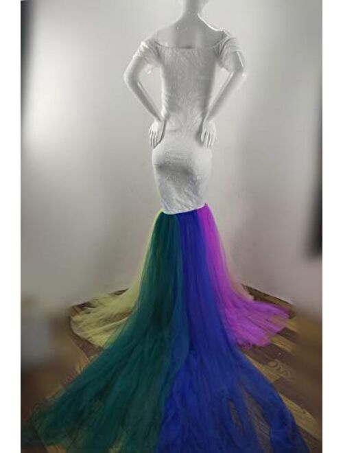 MYRISAM Pregnant Women White Lace Rainbow Tulle Maternity Dress Off-Shoulder Sweetheart Mermaid Photo Shoot Gown w/Train