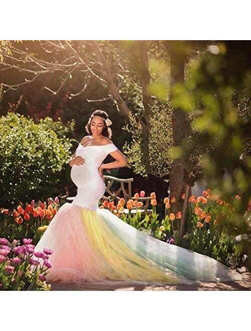 MYRISAM Pregnant Women White Lace Rainbow Tulle Maternity Dress Off-Shoulder Sweetheart Mermaid Photo Shoot Gown w/Train