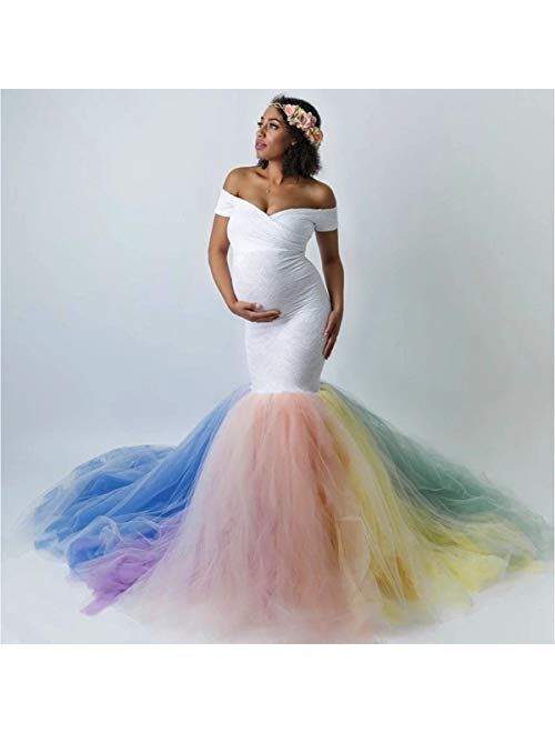 MYRISAM Pregnant Women White Lace Rainbow Tulle Maternity Dress Off-Shoulder Sweetheart Mermaid Photo Shoot Gown w/Train