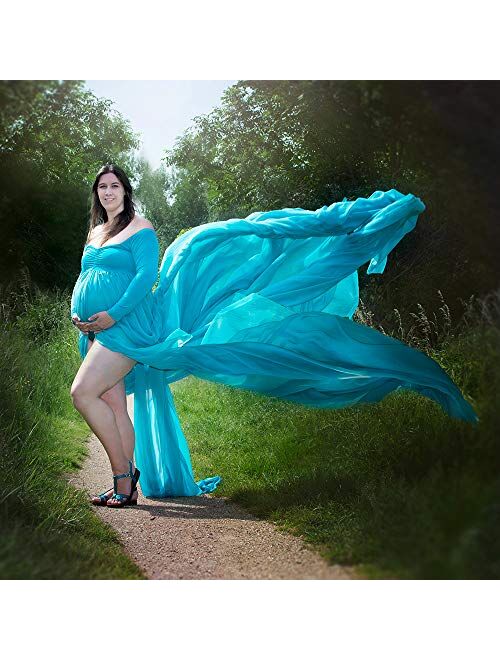 9.84ft Chiffon Maternity Photoshoot Dress Split Off Shoulder Long Train Sleeve