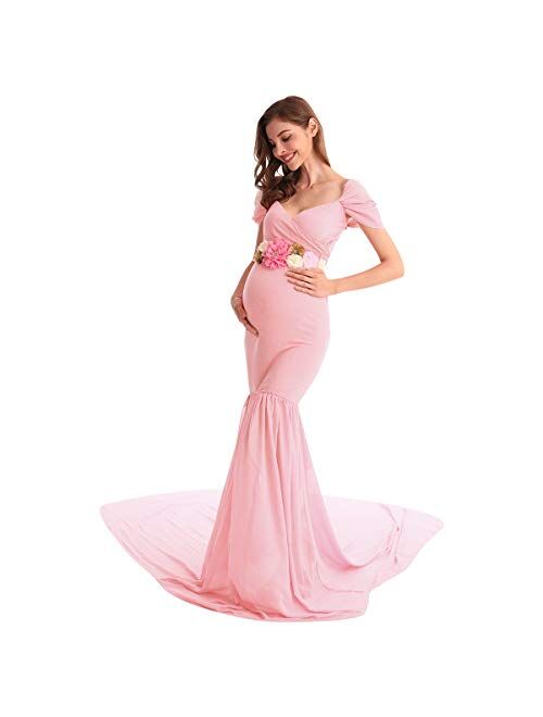 AYMENII Maternity Off Shoulder Chiffon Gown w/Long Train Maxi Photography Dress Wedding Party Photo Props Baby Shower Dress